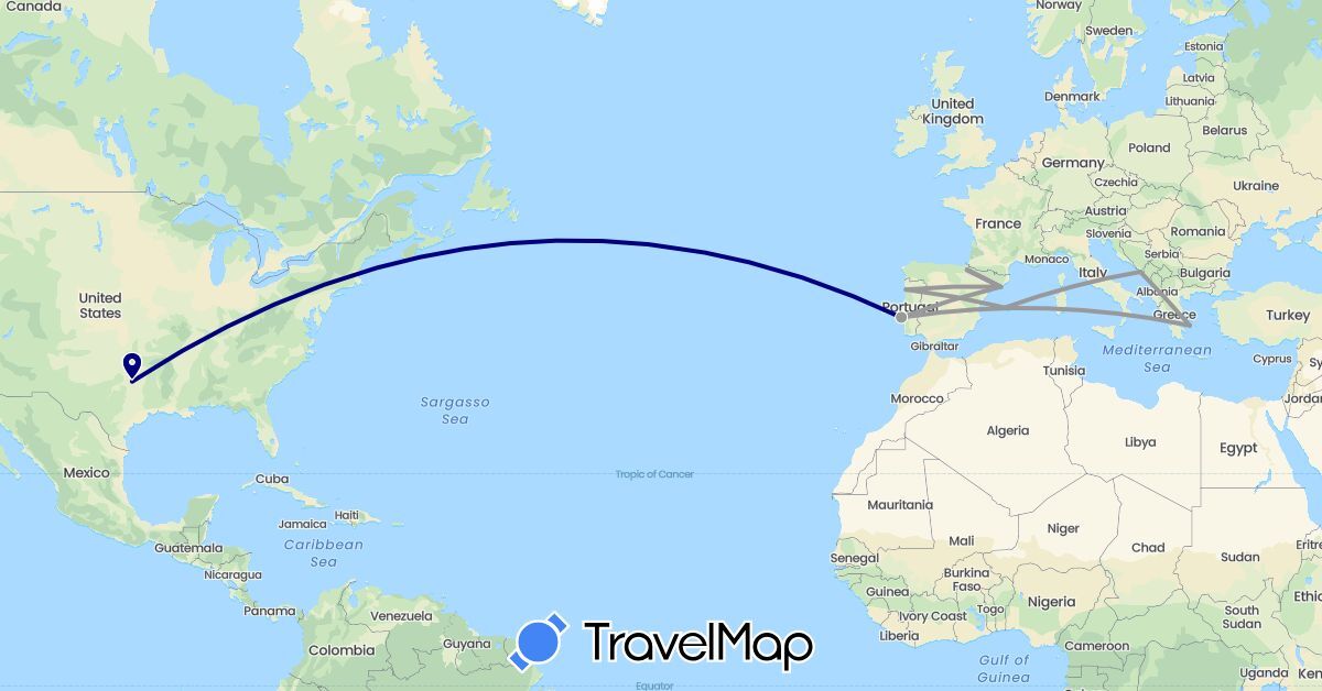 TravelMap itinerary: driving, plane, train in Spain, Greece, Croatia, Portugal, United States (Europe, North America)